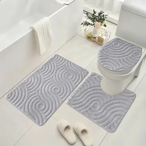 Soft Bathroom Carpet 3 Piece Bathroom Rugs and Mats Set Bath Mats Set with U-Shaped Toilet Floor Mat Rugs andToilet Lid Cover Mat,Wavy gray