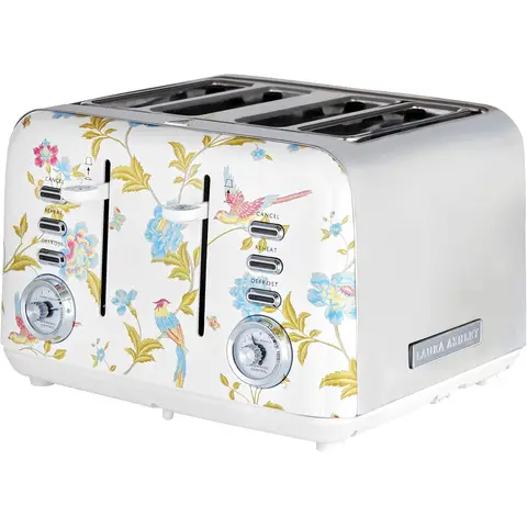 VQ Laura Ashley Retro 4 Slice Toaster, Warming Rack, Wide Slots, Hand-Applied Elveden White Print, Vintage, Stainless Steel, Floral - VQSBT583WSUK