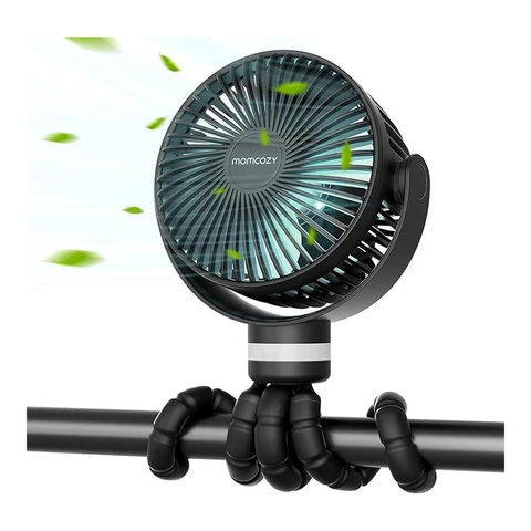 Momcozy Portable Pram Fan, 8000mAh, 27-Hour Battery Life, Detachable, 4-Speed, 360° Rotation, LED Light, USB Rechargeable, Black