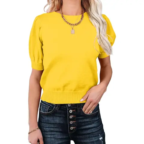 Women's Puff Short Sleeve Sweaters Pullover Shirt Tops Crew Neck Lightweight Knit Sweater Blouses (yellow, L)