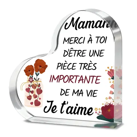 Alphynix Plaquette en acrylique en forme de cœur pour maman - 10 x 1,5 x 10 cm