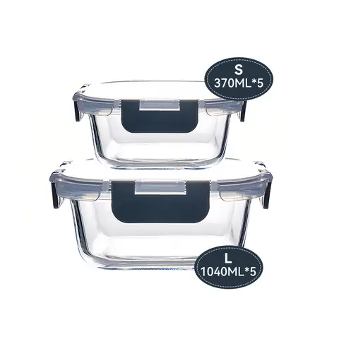 JORDAN&JUDY Lot de 10 boîtes de conservation noires, système à verrouillage à emboîtement, verre borosilicate de qualité supérieure, 1040 ml x 5 + 370 ml x 5, couvercles hermétiques, pour déjeuner et bureau