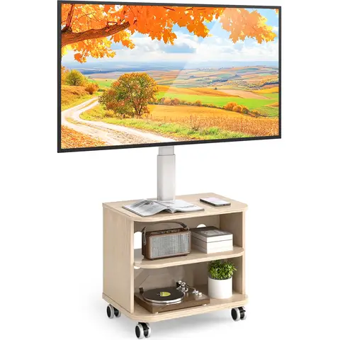 5Rcom White TV Stand on Wheels for 32-65 inch TVs，up to 40kgs, Mobile TV Stand with Wooden Shelves Max VESA 400x400mm