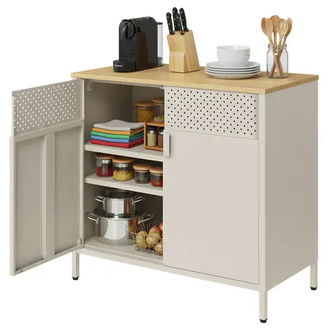 SONGMICSHOME Metallschrank mit Doppeltür, Aufbewahrungsschrank für Wohnzimmer, sandbeige-naturbeige