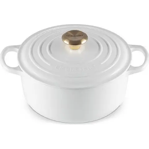 Le Creuset Signature Serie Runder Bräter aus Gusseisen mit Deckel - 24cm - 4.2L - Geeignet für alle Herdarten - Perlenweiß