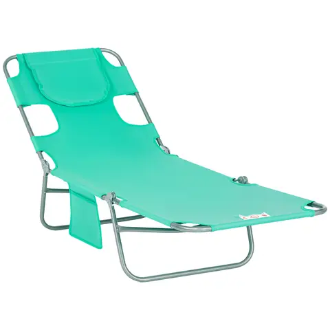 Outsunny Foldable Sun Lounger, Beach Chaise Lounge with Reading Hole, Arm Slots, 5-Position Adjustable Backrest, Side Pocket,