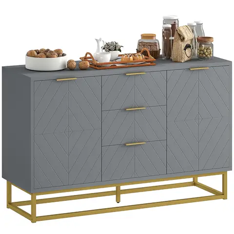 HOMCOM Sideboard for Living Room, Modern Storage Cabinet with 3 Drawers and Adjustable Shelves Grey