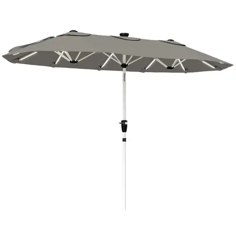 Outsunny 3 m Double-Sided Garden Parasol with LED Solar Lights, Outdoor Extra Large Sun Umbrella with UPF30+ Protection, Crank Handle, 12 Ribs, Patio Market Sun Shade, Grey