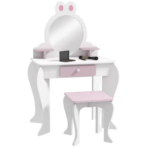 ZONEKIZ Kids Dressing Table with Mirror and Stool , Kids Vanity Table Girls Dressing Table with Drawer, Storage Shelf, Rabbit Design, for Ages 3-6 Years - White and Pink