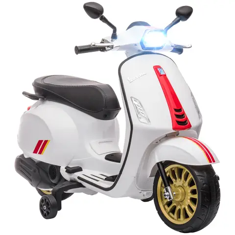 AIYAPLAY Vespa Licensed 12V Kids Electric Motorbike, Kids Ride on Motorcycle with Music, Head Light, MP3, FM Radio, Two Training Wheels, for 3-6 Years - White