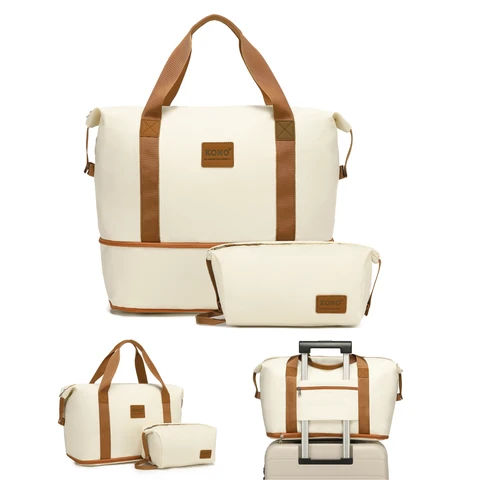 Expandable Travel Duffel Bag 36L with Detachable Pouch, Dry-Wet Separation Gym Tote, Lightweight Carry-on Weekender Bag for Travel, Fitness & Daily Use (Beige)