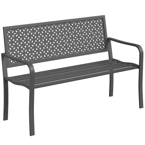 Banc d'extérieur en métal Outsunny, banc 2 places avec dossier géométrique antirouille et accoudoirs, siège de patio pour balcon, terrasse, parc, gris foncé
