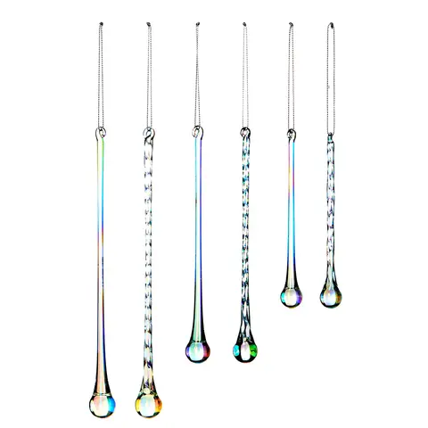 WeRChristmas Iridescent Teardrop Glass Icicles – Set of 6 Christmas Tree Decorations, 15–25cm – Spiral & Smooth Designs