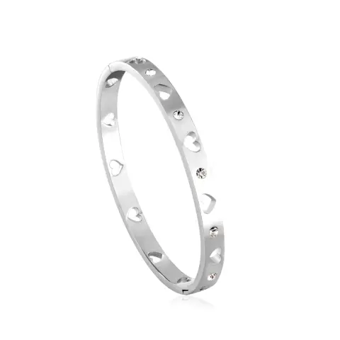 Loveheart Cutout with Diamontes Rigid Bracelet - Stainless Steel - 58mm Diameter x 5.7mm wide
