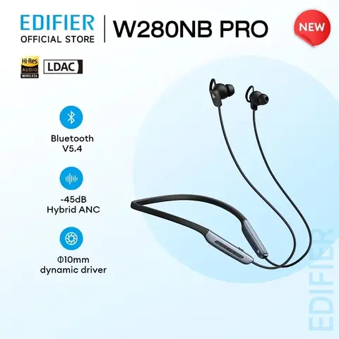 Edifier W280NB Pro Neckband Earbuds -45dB Hybrid Active Noise Cancelling Earphones Hi-Res Audio Bluetooth 5.4 Multipoint Connection