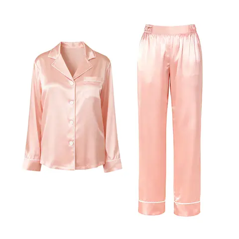 IZURIA lapel silk-like pink long sleeved top and pants set  M