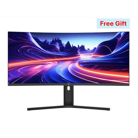 V7 L340WQ-HAS 34" Ultrawide Curved WQHD Monitor with 1500R VA Panel, USB-C 65W PD, Height-Adjustable Stand, and Built-in Speakers