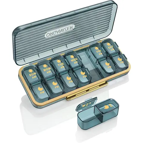 Pill Organizer 2 Times A Day, 7 Day Am Pm Pill Box - Acedada Weekly Pill Organizer Twice A Day, Portable Removable Daily Medicine Container Dispenser Case for Vitamin Fish Oil Supplement, Blue