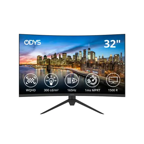 Odys XP32 80cm (32") WQHD Curved Monitor (2560x1440 Pixel, 165Hz, 1ms Reaktionszeit, AMD FreeSync, NVIDIA G-Sync kompatibel, Blaulichtreduzierung, HDMI, DisplayPort,) Schwarz