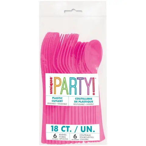 Unique Plastic Cutlery, Hot Pink, 18 pack