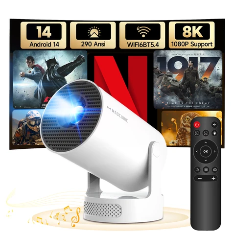 【Lite Entertainment】MAGCUBIC HY300Pro+ mini-projector, 8K 1080P-ondersteuning met WiFi 6 & BT 5.4, Android 14, 290 ANSI lumen helderheid met 5 W Soundbase-speaker, automatische verticale correctie, 180° draaibaar, draagbaar voor thuis & buiten