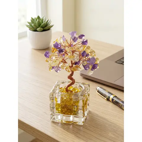 JU7CER 1 Stück Citrin-Baum mit Schatzschale Teetasse - Natürlicher Kristall-Chip-Geldbaum, Mischung aus Amethyst- und Gelbkristall-Dekoration, Wohlstandsbaum-Ornament für Büro, Zuhause & Hochzeitsdekoration, Weihnachts-Must-Have