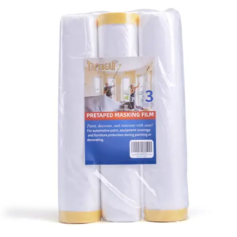 TAPEBEAR Pre-Taped Masking Film, Tape and Drape, Plastic Sheeting Roll, Automotive Painters Masking Tape Film, plastic
Sheeting Cover for Appliance and Furniture, 9feet X 90feet, 2600mmx
27m,3rolls