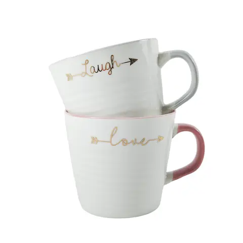 ​Set of 2 “Love” and “Laugh” Ceramic Mugs, 410ml Inspirational Quote Coffee Cups, White with Gold Script, Gift Box