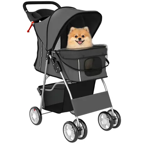 PawHut Dog Pram, Foldable Pet Stroller for Small Miniature Dogs Cats, Pet Buggy Pushchair with 360° Swivel EVA Wheels, Brake 