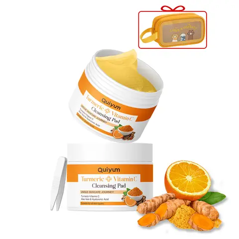 QUIYUM Turmeric & Vitamin C Cleansing Pads 100ml x 2, Comes with a Makeup Bag