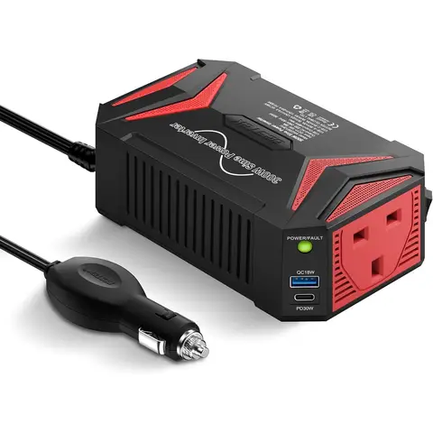 BESTEK 300W Pure Sine Wave Power Inverter 12V to 240V with PD30W USB C & QC3.0 USB Car Adapter Charger for Laptop, iPad, iPhone, Tablet, Consoles & More