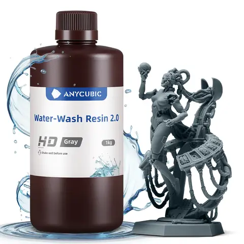 ANYCUBIC Water Washable Resin 2.0 405nm UV Standard Photopolymer Resin Low Odor Easy to Clean for LCD/DLP/SLA 3D Printers(HD Grey, 1kg)