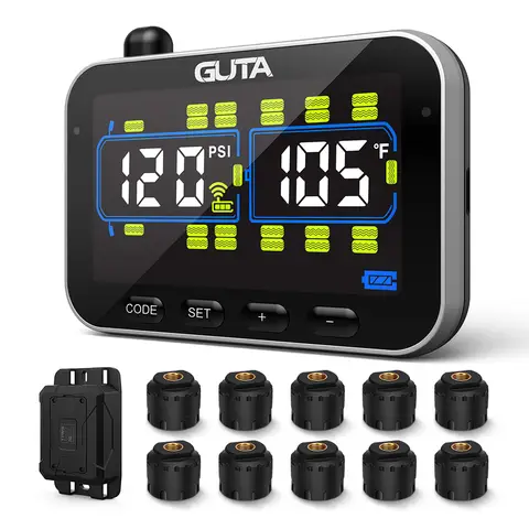 GUTA RV/Trailer Tire Pressure Monitoring System with 10 Sensors, 0-188PSI Real-time Monitoring, 6 Alarms, LCD Color Screen, Repeater, Long-Distance Communication, Supports Up to 24 Tires, GT20C+10GS02+GB30