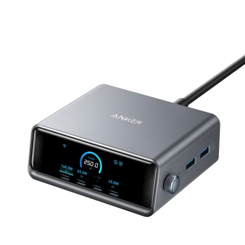 Anker Prime Chargeur USB C 250 W, station de recharge ultra-rapide 6 ports GaN, écran LCD 2,26", molette de contrôle intelligente, MacBook Pro/Air, iPhone 16/15/14, Pixel, Galaxy, Apple Watch, et plus