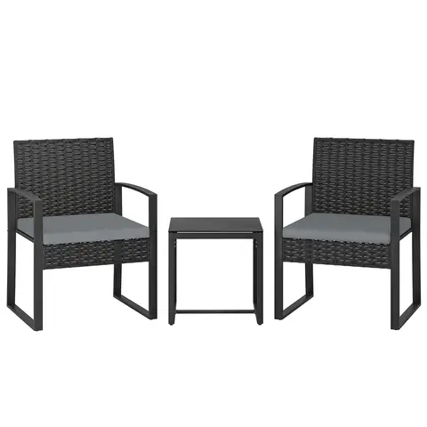 Outsunny 3 Piece Rattan Bistro Set, PE Wicker Garden Furniture Conversation Set, Tempered Glass Bistro Table and Chairs with Cushions for Patio, Balcony, Porch, Light Grey