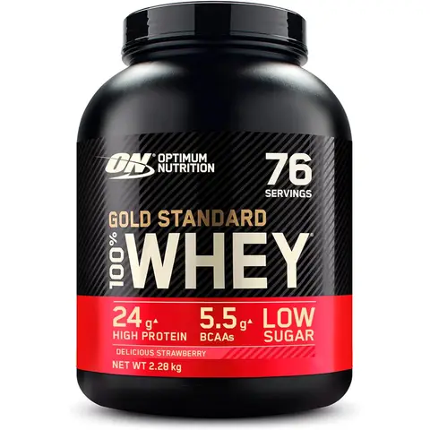 Optimum Nutrition Gold Standard Whey Muscle Building and Recovery Protein Powder With Glutamine and Amino Acids, Delicious Strawberry, 77 Servings, 2.27kg, packaging may vary