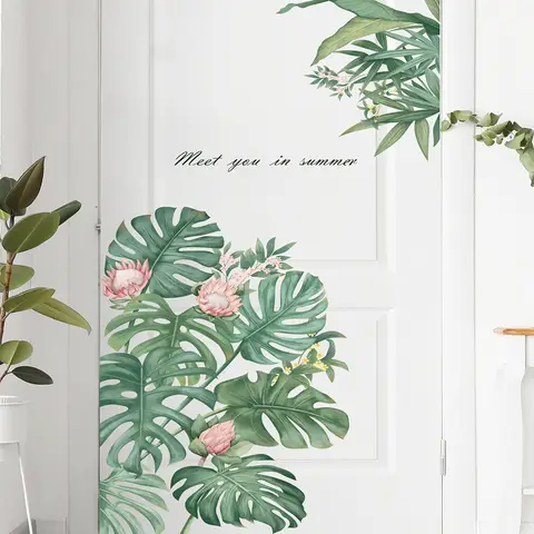 2set of flamingo and palm leaf wall stickers, creative home decor, living room stickers, wallpaper, bedroom, children's room, window decorations,Palm leaves
