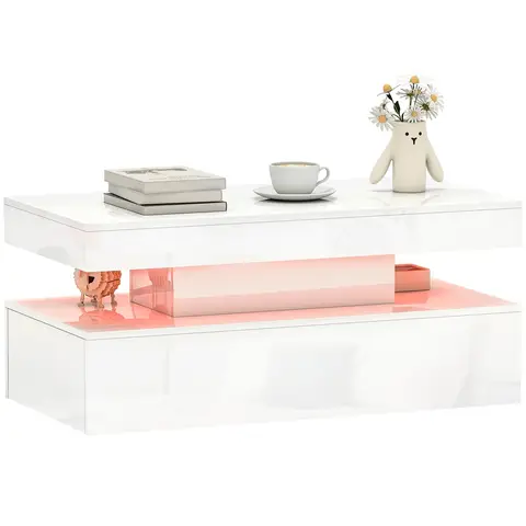 HOMCOM LED Coffee Table with Storage, Modern High Gloss Living Room Table with 2 Drawers, Open Shelf and Remote Control, White