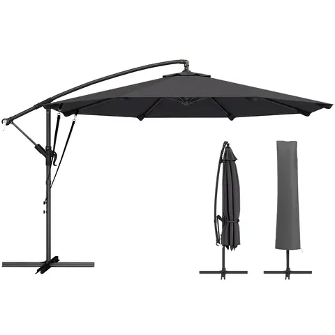 Outsunny 3 m Cantilever Parasol, Offset Outdoor Umbrella with Protective Cover and Wind Ropes, Banana Parasol with Cross Base and Crank Handle, Black