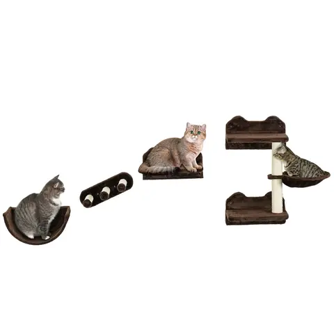 PawHut Cat Wall Furniture, 4 PCS Kitty Climbing Shelves Set, Wall Mounted Cat Tree with Scratching Post, Hammock, Steps, Perches, for Indoor Kittens Sleeping Playing - Brown