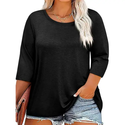 Plus Size Tops for Women 3/4 Sleeve Casual T Shirts Loose fit Tunic Blouse (black， XXL)
