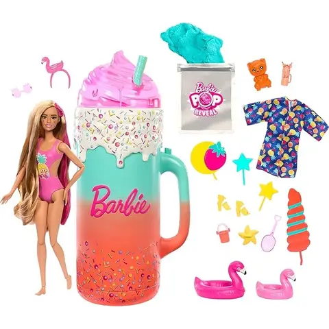 BARBIE Pop Reveal Rise & Surprise Geschenkset - Über 15 Überraschungen, enthält 1 Barbie-Puppe, Strand-Accessoires, für fruchtig-frechen Spaß, für Kinder ab 3 Jahren, HRK57