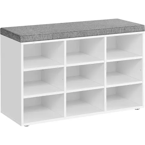 VASAGLE Schuhbank, Schuhregal mit Sitzfläche, Sitzbank mit Stauraum, Kissen, 9 Fächer, Verstellbare Ablagen, für Wohnzimmer, Flur, 30,3 x 78,5 x 48 cm, Wolkenweiß-Tauben Grau LHS009W14