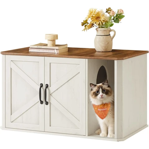 Meuble à litière pour chat Feandrea Moderne à double porte et poignées pour entrée 85 x 48,5 x 50 cm Miel Brun Blanc Vintage PCL012K01