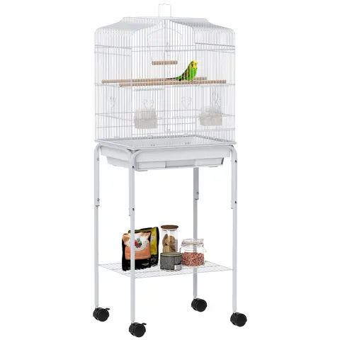PawHut Bird Cage Budgie Cages for Finch Canary Parakeet with Stand Wheels Slide-out Tray Accessories Storage Shelf, White 46.5 x 36 x 124 cm
