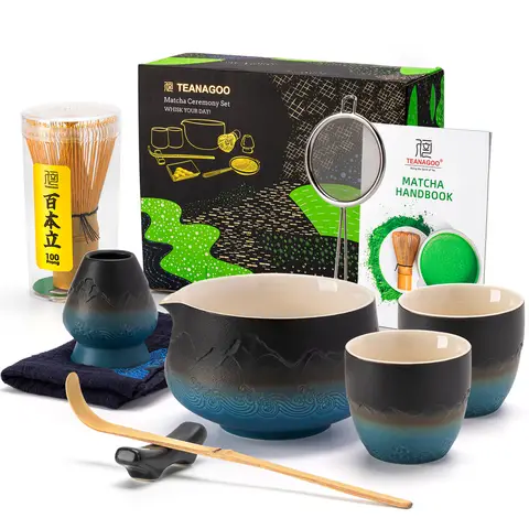 TEANAGOO Matcha Set Matcha Whisk Matcha Bowl with Pouring Spout Scoop Matcha Whisk Holder Tea Making Kit. Japanese Tea Set (7pcs) + 2Cups(5.6oz),S33,Gradient Navy Black,Color Box Packing, New Year Sale , Top gift picks