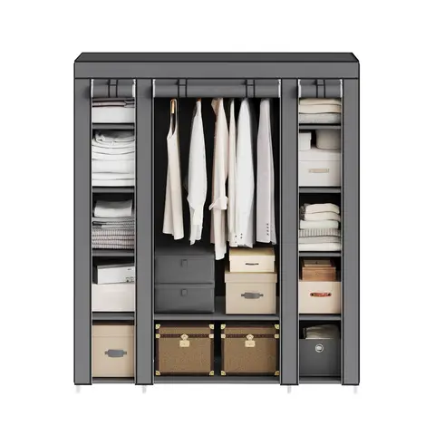 Ochama x SONGMICS Armoire en tissu avec housse, placard de rangement, 12 compartiments, structure en métal pour chambre, gris