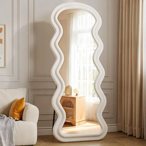 Ganzkörperspiegel, 160x60 cm Bodenspiegel, unregelmäßiger wellenförmiger Spiegel, Wandspiegel, freistehender Flanell-umwickelter Holzrahmen für Schlafzimmer, Garderobe Weiß