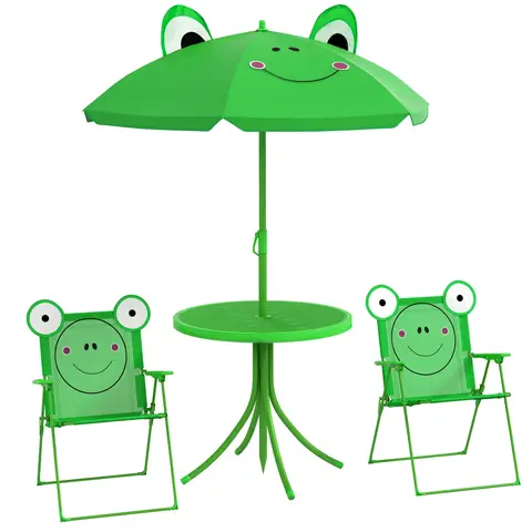 Outsunny Kids Outdoor Table and Chairs Garden Furniture Frog Pattern with Removable & Height Adjustable Sun Umbrella, Green