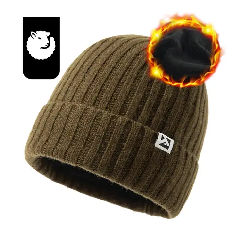 TOP-EX 100% Merino Wool Beanie Fleece Lined Hat Watch Cap for Cold Weather Winter Warm M/L Armygreen
